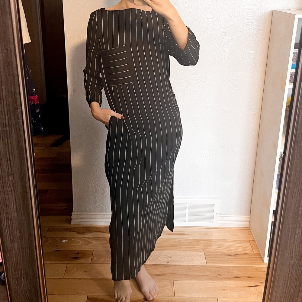L.K. Bennett Maxi Shift Dress Striped Boat Neck Long Sleeve Shirt Dress Slits